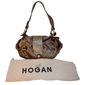 Hogan Hobo Metallic Brown Gold Leather Shoulder Bag‎ Textured w Dust Bag